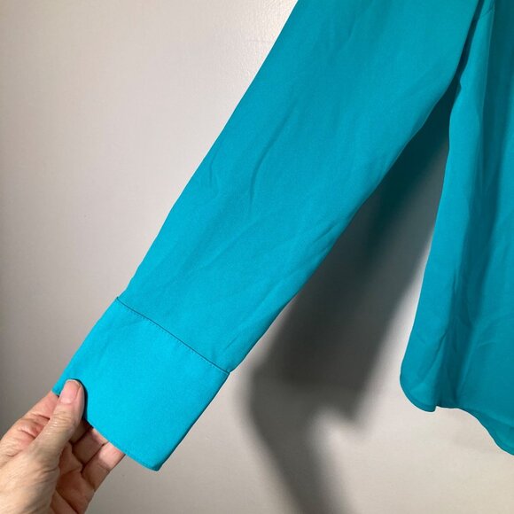 Worthington V Neck Button Shirt Turquoise S Polyester Hidden Button Placket - Picture 5 of 9